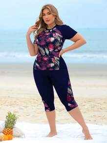 Swim Lushoire Plus Size 2 Pieces Plant Leaf Print Patchwork Tank Top & Long Swim Shorts Bikini Set, Casual And Suitable For Beach Holiday, Women For Summer Beach Vacation