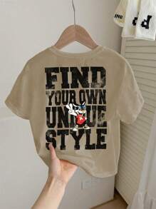 SHEIN Summer Short Sleeve Casual T-Shirt For Young Boys With Cool Text, Cute Rabbit Cartoon Pattern And Graphic Print On Back - Apricot - View 2