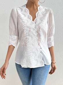 Pariaura Stylish & Slimming Floral Embroidery Blouse Top - White - View 7
