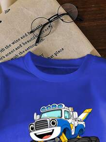 Car Print Round Neck Short Sleeve Casual T-Shirt And Shorts Set For Young Boy - Black - View 3