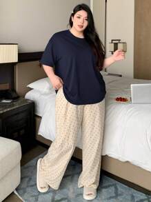 Dazy Plus Conjunto de Camisa de Pijama de Gola Redonda de Cor Sólida e Calça de Pijama Estampada, Terno de Sleepwear Para Todas as Estações