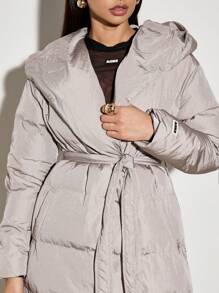 AiiRZ Metallic Quilted Long Puffer Coat Insulated Hooded Winter Outerwear Belted Wrap Warm Overcoat Mid-Length Alternative Padded Snow Coat - Light Grey - View 7