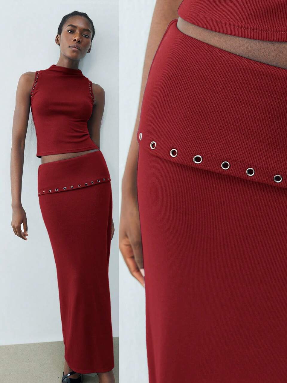 SHEIN Maija Women's Burgundy Red Knitted Skirt,Autumn Elegant Night Perforated Decorative Urban Modern Skirt For Daily Casual,Commuting,Holiday & Party