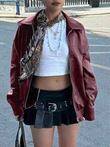 Women Plus Size Loose Fit Moto Biker Jacket, Vegan Leather, Black, Autumn/Winter Fall Cloth For Women