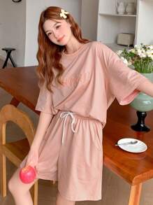 DAZY Conjunto de pijama de mujer con camiseta holgada de unicolor con patrón bordado de letras y pantalones cortos relajados