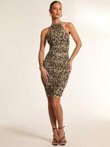 Glamine Women Leopard Print Mesh Side Ruffle, Backless, Fitted Bodycon Sleeveless Elegant Dress - Multicolor - View 3