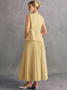 Poéselle 秋冬女士纯色无袖背心和裙子套装（两件套）奶油黄 - 黃色 - 查看 6