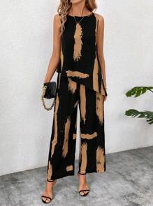 SHEIN Clasi 2pcs Sleeveless Blouse & Pants Set, Women Brush Print