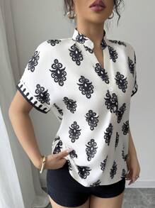 Elenzga Damen elegante Mode Pendler Lässig Urlaub Kurzarm locker geschnittene V-Ausschnitt bedruckte Bluse (zufällige Muster) - Aprikosenfarben - Übersicht 5
