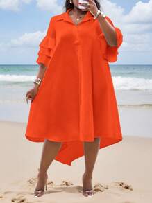 Slaydiva 2025 New Versatile White Resort Design Casual Short Sleeve Top With Layered Ruffle Sleeves And Asymmetrical Hem Midi Dress, Suitable For Spring/Summer Daily Wear And Commuting - Orange - View 7