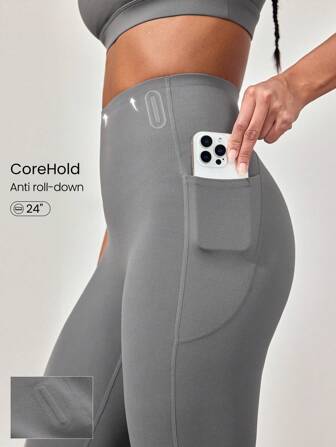 GLOWMODE Leggings 24 pouces FeatherFit™-Sculpt CoreHold avec maintien du ventre sans glissement, sans couture frontale, avec poches latérales pour entraînement moyen impact, jogging, gym