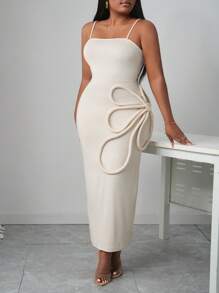 Slaydiva Abito bianco midi dalla vestibilità aderente, con applicazioni floreali, elegante, adatto a feste e appuntamenti, collezione primavera/estate 2025, taglie comode
