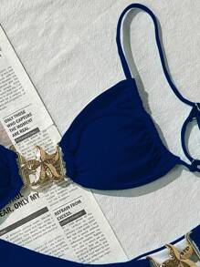 Swim Mod Sexy Vacation Adjustable Strap Starry Accent & Regular Triangle Bottom Women's Spaghetti Strap Bikini Set, Summer - Navy Blue - View 4