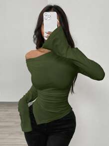 Airlisse Off-Shoulder Asymmetric Hem Knit T-Shirt, Fitted Waist Fall Cloth For Women - Army Green - View 3