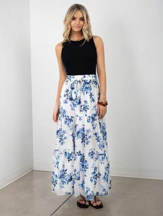 SNOW XUE GAO Langblaue, mehrlagige Chiffonrock mit Blumendruck, leicht, fließend, für Frauen Sommerurlaub, eleganter hellblauer Lässig-Rock