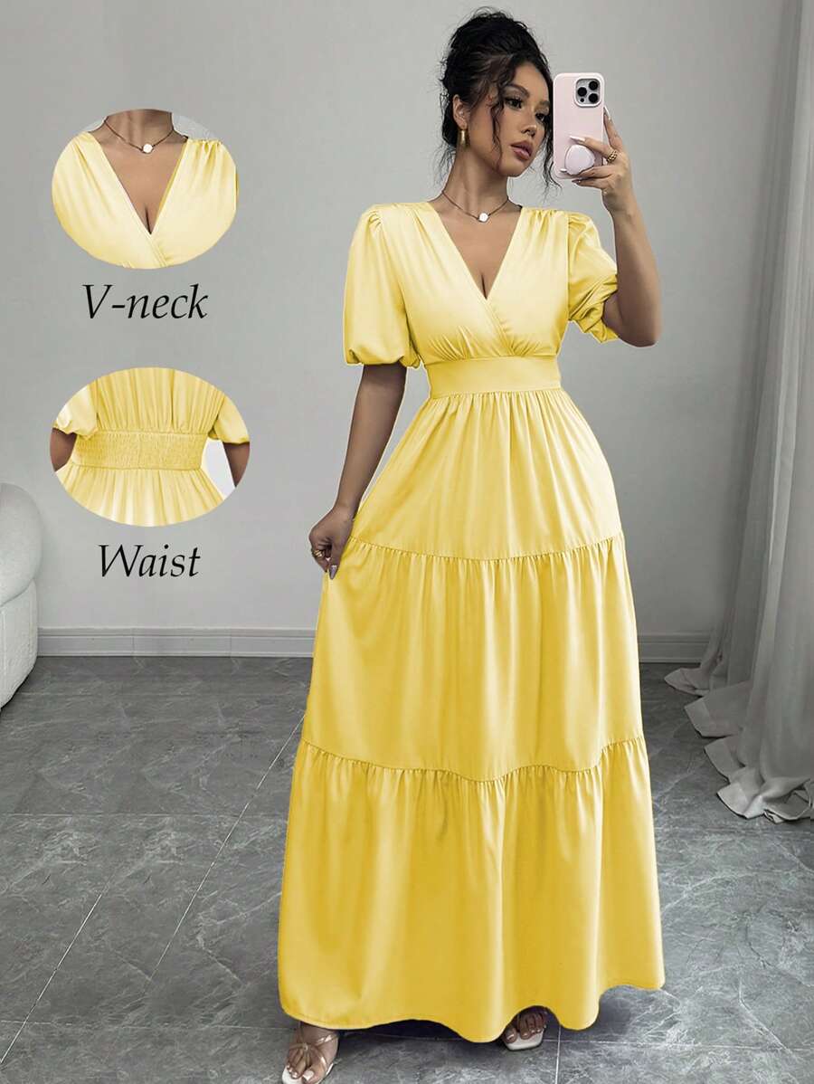 Rafferiza Elegant Casual V-Neck Ruched Flounced Hem Puff Sleeve Dress, Purple Color, Spring/Summer - Yellow - View 1