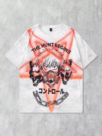 Anime Men's Anime Print Short Sleeve T-Shirt, Sports Tee, Street Vintage