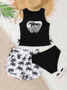SHEIN Teen Girl Palm Tree Print Scoop Neck Tankini Swimwear, Casual