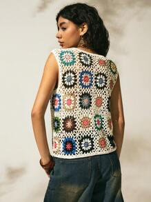 Easelle Summer Beach Vacation Island Crocheted Floral Woolen Vest - Multicolor - View 5