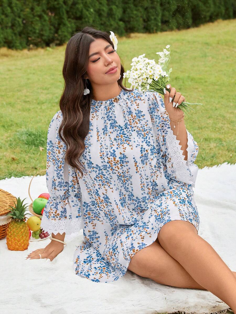 SHEIN Clasi Đầm voan họa tiết hoa cổ tròn tay đèn lồng cỡ lớn cho nữ dáng rộng - trắng - Xem 1