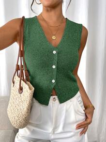 SHEIN Frenchy Áo ba lỗ cổ chữ V đơn hàng khuy đơn màu đơn giản dành cho nữ - Màu xanh lá cây đậm - Xem 4