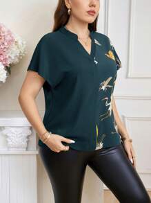 SHEIN Clasi Plus Size V-Neck Short Sleeve Casual Shirt, Suitable For Summer - Teal Blue - View 6