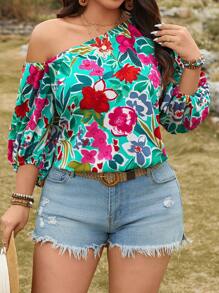 SHEIN LUNE Blusa asimétrica de manga farol con estampado floral vívido, talla grande, para uso casual, concierto country, graduación, brunch de verano, Día de la Madre, iglesia - Multicolor - Ver 3