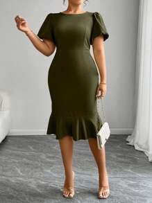 Elenzga Plus Size Elegant Solid Color Ruffle Puff Sleeve Dress, Spring/Summer