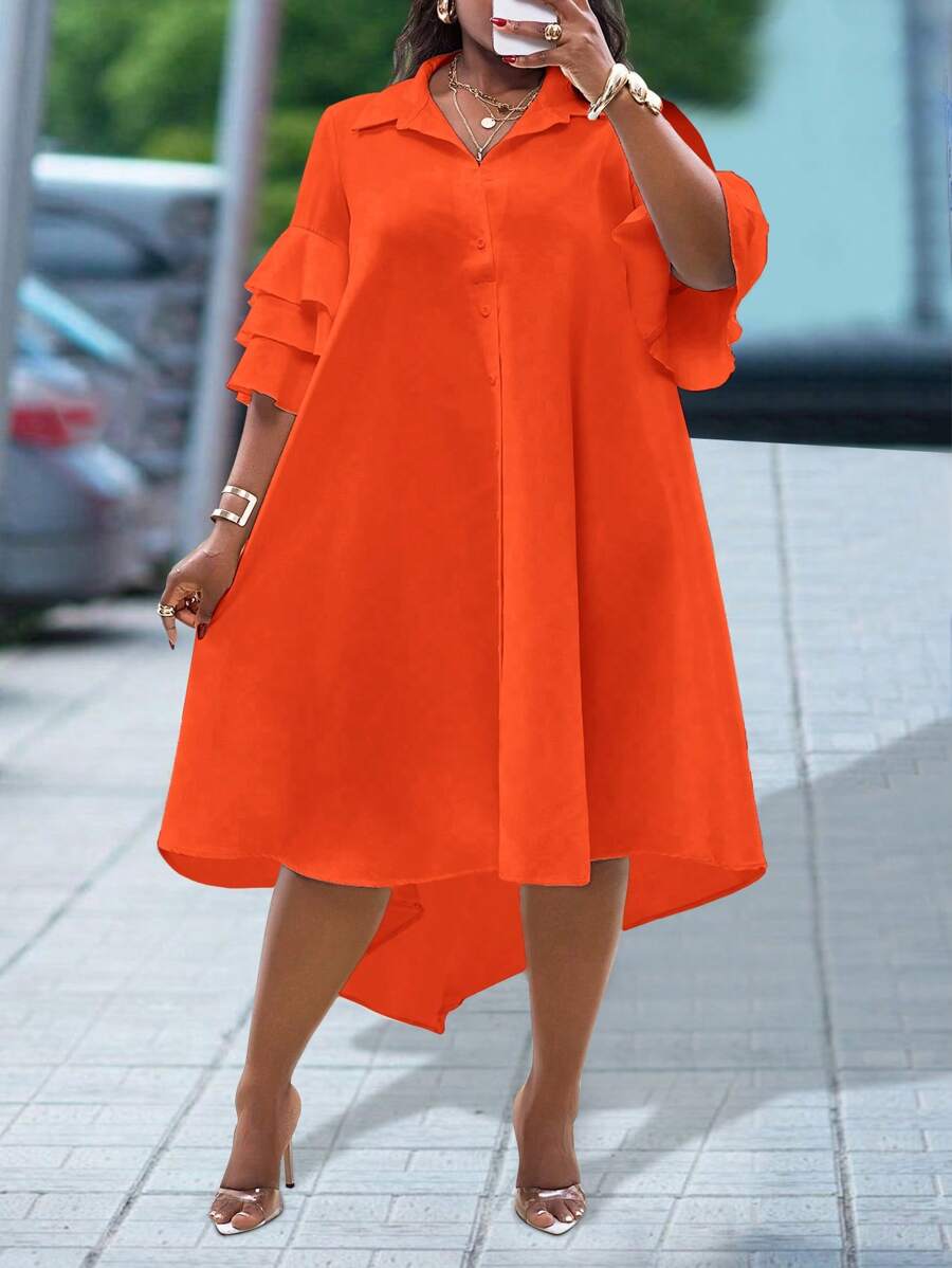 Slaydiva 2025 New Versatile White Resort Design Casual Short Sleeve Top With Layered Ruffle Sleeves And Asymmetrical Hem Midi Dress, Suitable For Spring/Summer Daily Wear And Commuting - Orange - View 1