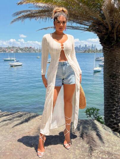 SHEIN SXY Cubrecosturas de estilo bohemio de crochet calado de manga larga en color blanco sólido, cubrecosturas de traje de baño, parte superior versátil para fiesta, cumpleaños, vacaciones, playa