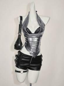 SHEIN ICON Áo không tay hở lưng cổ xếp nếp gợi cảm bằng kim loại cho nữ, trang phục đi nghỉ Boho mùa hè, trang phục đi nghỉ thanh lịch, váy dự tiệc cưới giản dị cho nữ, áo Rave - Bạc - Xem 13