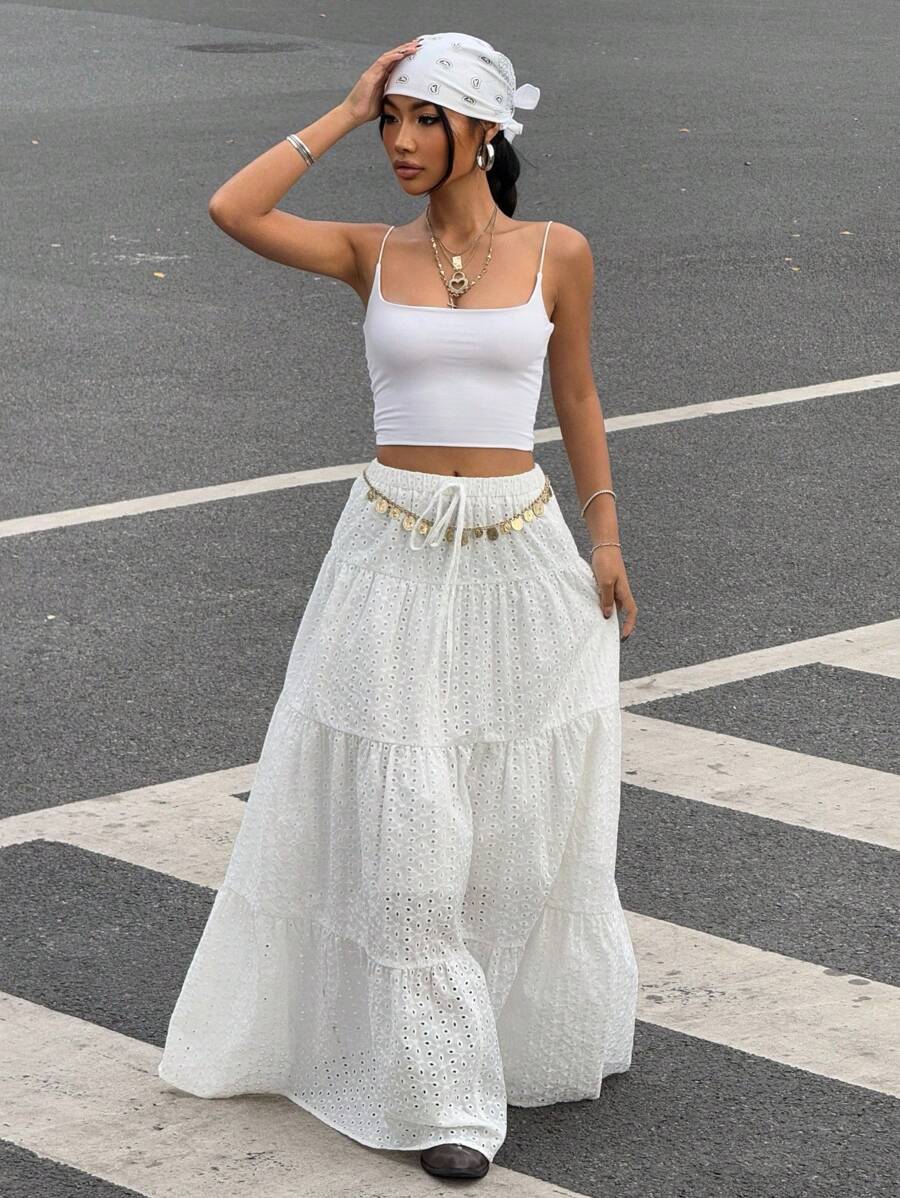 Muchica 适合锐舞派对、音乐节、夏季的女士低腰显瘦甜美百搭半身裙，简约休闲日常装扮 - 白色 - 查看 1