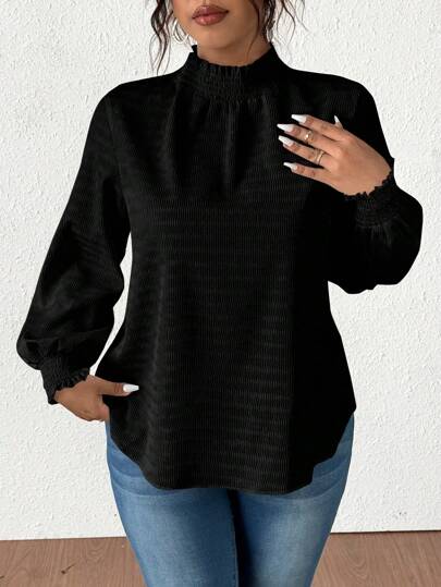 Vionelle Dam Plusstorlek Enfärgad Volangkant Stand Collar Lös Casual Skjorta Höstkläder För Damer