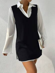 EURMUSE Solid V Neck Jumper Dress Without Belt - Black - View 6