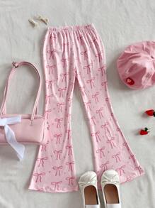 SHEIN Tween Girl' Pink Butterfly Print Flare Pants, Knitted, Comfortable, Casual, Elegant, Lovely, For Spring/Summer/Autumn Young Girl Pants Young Girls Leggings