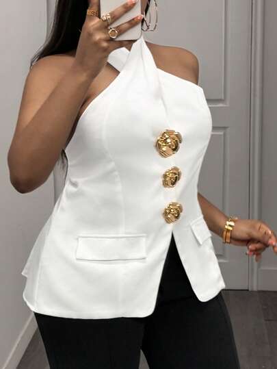 Slaydiva Blusa sin mangas de talla grande con botones metálicos de oro rosa y estilo de halter, nueva colección primavera/verano 2025