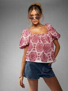 MISSGUIDED 英式刺绣衬衫泡泡袖方领夏季上衣节日波西米亚草原风格海滩度假装刺绣（注：15 个单词季节/场合相关，不提及颜色）