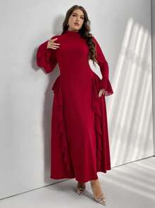 Firerie Plus Size Elegant Commute & Date Sexy Stylish Musical Show Design Square Neck Long Sleeve Fitted Dress With Ruffle Trim A-Line, Spring/Autumn - Burgundy - View 6