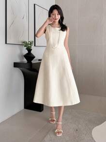 DAZY Einfarbiges Kleid mit rundem Ausschnitt und Perlen in Knielänge für Frauen, geeignet für Party, Date Night, Büro, Hochzeit - Beige - Übersicht 4