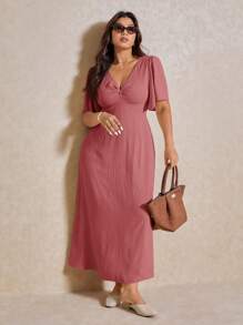 Elaquor Plus Size Casual Elegant V-Neck Waist Gathering A-Line Long Dress, Suitable For Vacation - Dusty Pink - View 1