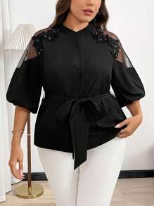 Firerie Plus Size Women 3D Embroidered Patchwork Long Elegant Blouse In Black - Black - View 9