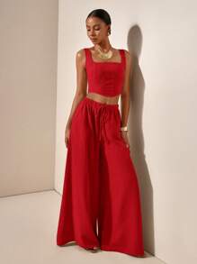 Zivah 新款春夏度假休闲鱼骨背带上衣和阔腿裤带口袋两件套，纹理面料 - B - 紅色 - 查看 5