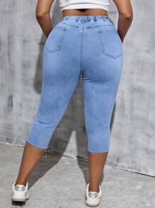 SHEIN EZwear 大码破洞紧身弹力七分牛仔裤，蓝色，夏季女士/夏季/可爱，复活节/复活节女士，狂欢/音乐会女士/乡村音乐会/狂欢/狂欢节/纳什维尔/伊比沙岛，优雅，度假女士/海滩度假，波西米亚风/波西米亚风女式；牛仔/牛仔牛仔裤 - 藍色 - 查看 2