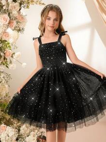 Tween Girls' Off-Shoulder Star Mesh Stitching Party Banquet Wedding Dress, Elegant And - Black - View 5