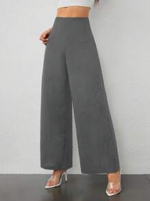 SHEIN PETITE Pantaloni a vita alta texture ampi casual di moda semplici da donna, adatti per la stagione back-to-school e per l'ufficio