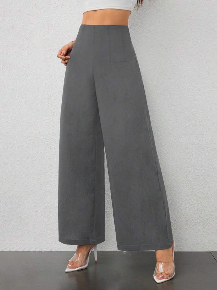SHEIN PETITE Pantalones anchos de cintura alta con textura, de estilo simple y casual, apropiados para la vuelta al cole y para uso diario - Gris Oscuro - Añade 4
