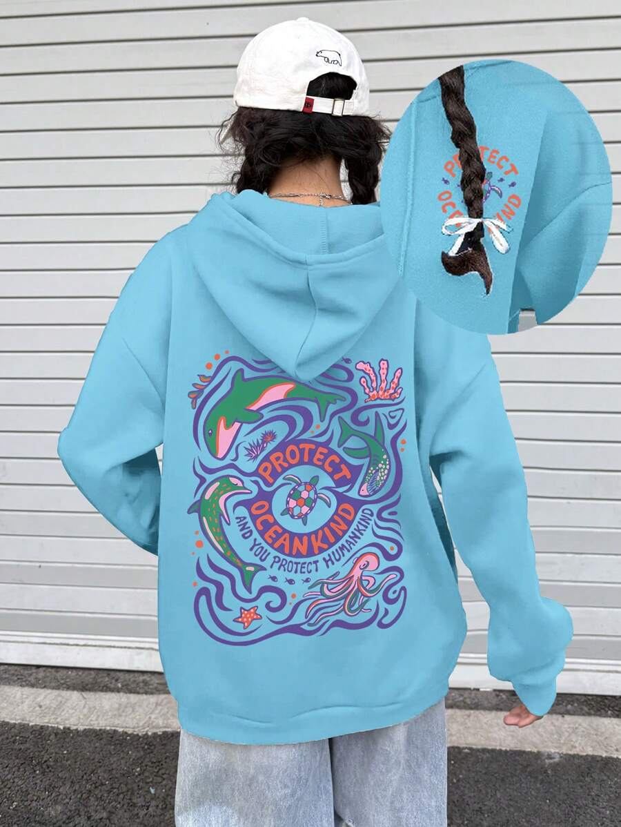SHEIN EZwear Drawstring Long Sleeve Hooded Top With Front Pocket And Letter Print, Suitable For Daily Casual Wear - Blue - View 1