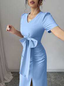 Elenzga 粉色 V 领褶饰蝴蝶结装饰开衩泡泡袖浪漫情人节连衣裙，适合夏季 - 藍色 - 查看 5