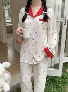 SHEIN 青少年女孩甜美简约樱桃图案翻领口袋前开口长袖上衣和阔腿裤休闲家居服 2 件套