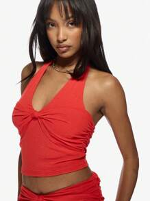 MISSGUIDED Ensemble coordonné contemporain avec col ras-du-cou, détail torsadé à l'avant, jupe longue. Tenue d'été pour la plage, les vacances, les fêtes, les soirées. Ensemble deux pièces pour les festivals, les vacances, les croisières, Noël - Rouge - Voir 7